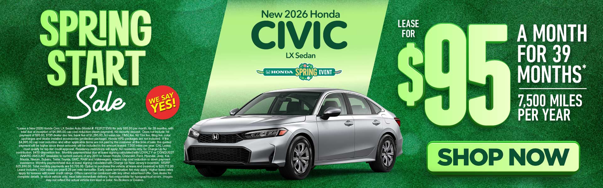 New 2026 Honda Civic LX Sedan	"Lease for $95/mo for 39 mos* 