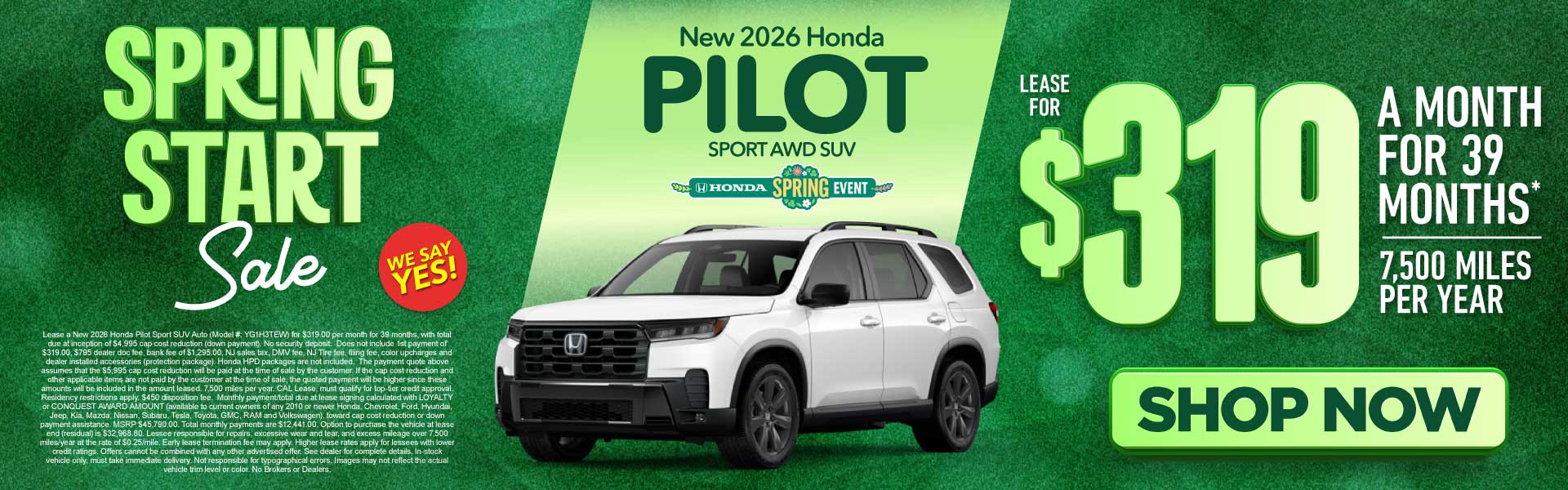 New 2026 Honda Pilot Sport AWD SUV	"Lease for $319/mo for 39