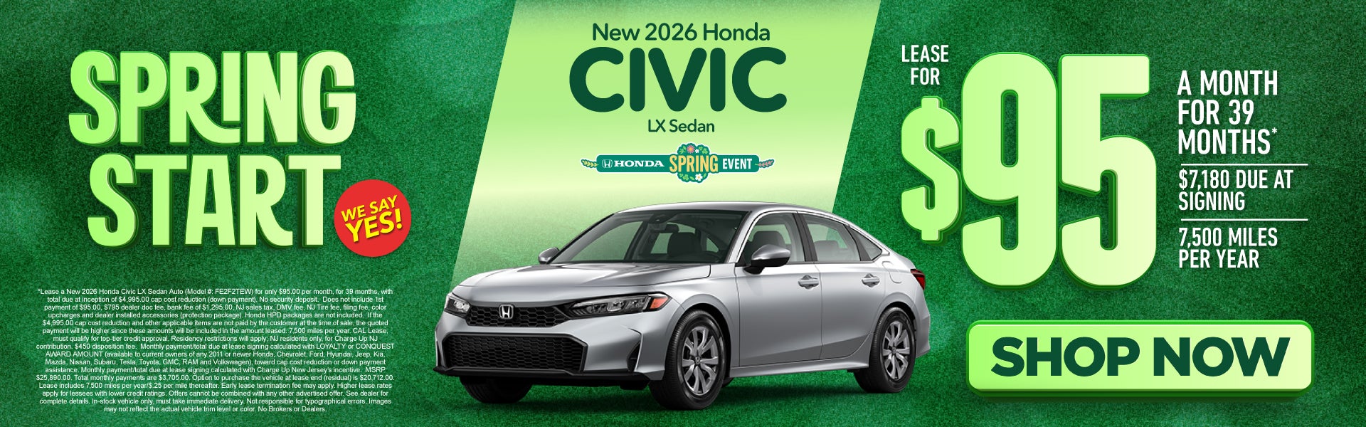 New 2026 Honda Civic LX Sedan	"Lease for $95/mo for 39 mos* 